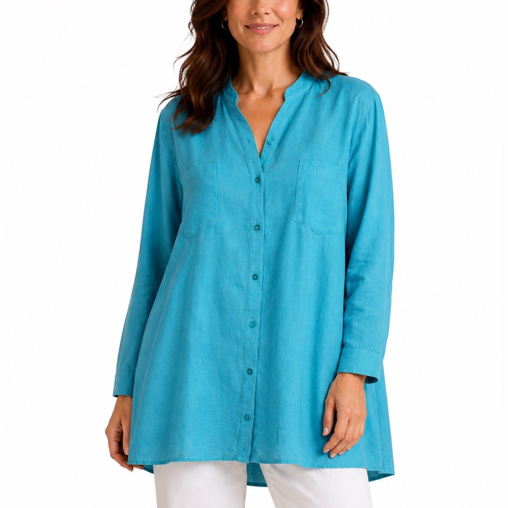 Eileen Fisher L Turquoise Organic Irish Linen Tunic Relaxed Fit A-Line Shirt